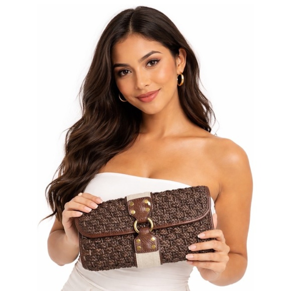 The Limited Woven Straw Clutch‎ Bag Brown Cream Canvas Trim Brass Hardware 47-12